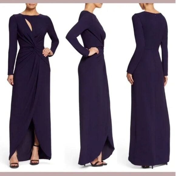 NWT Dress the Population Naomi Long Sleeve Twist Crepe Gown Sz XXS Boysenberry - Picture 3 of 15